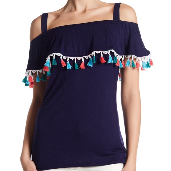 Vanity Room Tops - Vanity Room Tassel Popover Cold Shoulder Top